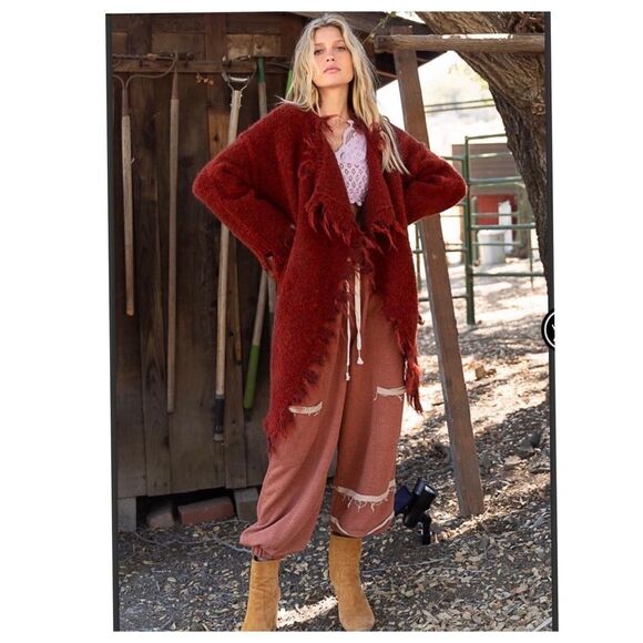 WOOL Blend Long cardigan with distressed Hemline in Terracotta - Picture 10 of 14
